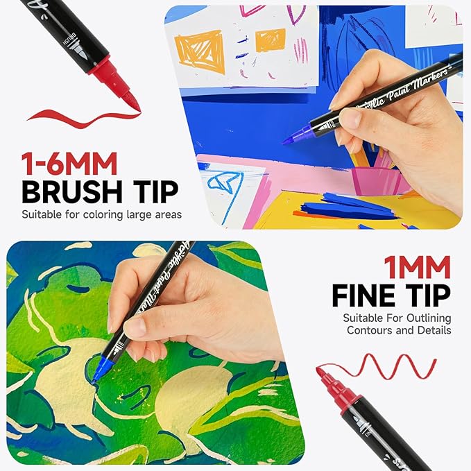 Acrylic Paint Markers,72 Colors Dual Tip Acrylic Paint Pens with Brush and Fine Tips for Rock Painting,Glass,Wood,Ceramic,Canvas,Stone, Vibrant Color Ideal for Artists, Crafters, DIY Projects