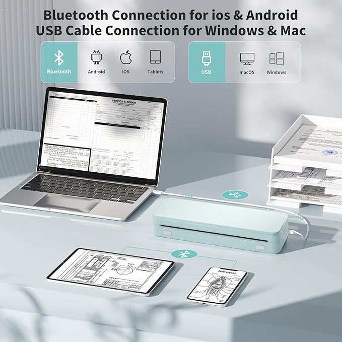 JADENS Portable Printers Wireless for Travel, Thermal Inkless Printer, Support 8.5" X 11" Thermal Paper(Green)
