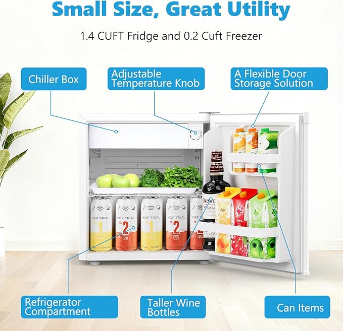 COWSAR 1.6 Cu.Ft Compact Fridge with Freezer, Small Refrigerator with 7 Temperature Settings, Energy-efficient Low Noise Fridge Suitable For Dorm, Office, Bar, RV, Bedroom, Commercial