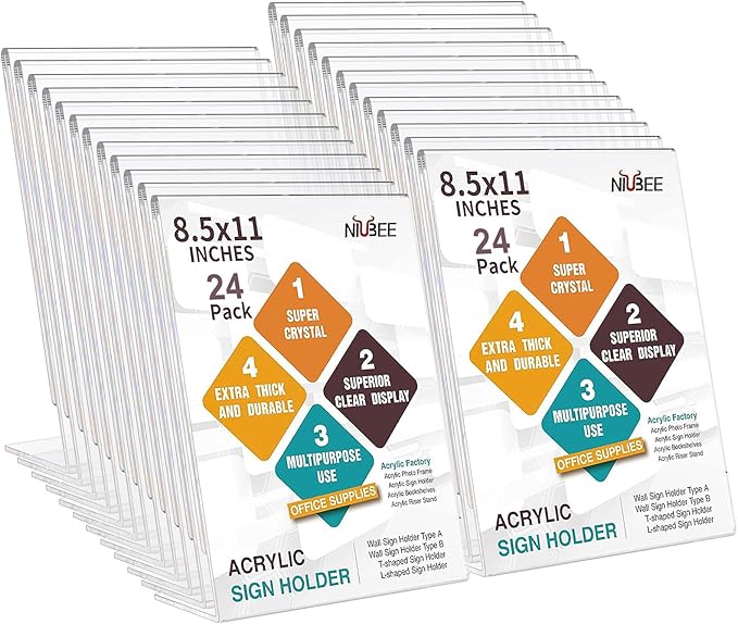 NIUBEE 24 Pack Acrylic Sign Holder 8.5 x 11 Inches Slanted Back, Clear Plastic Sign Holder Paper Display Table Stand for Office, Store, Restaurant