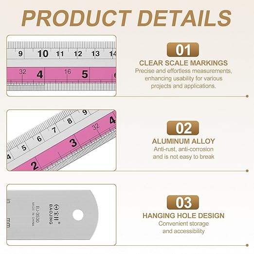 HARFINGTON 2pcs Metal Straight Ruler 15cm Metric SAE Aluminum Alloy Measuring Rulers Scale Tools with Hole for Measure Study Reading Classroom Office, Pink