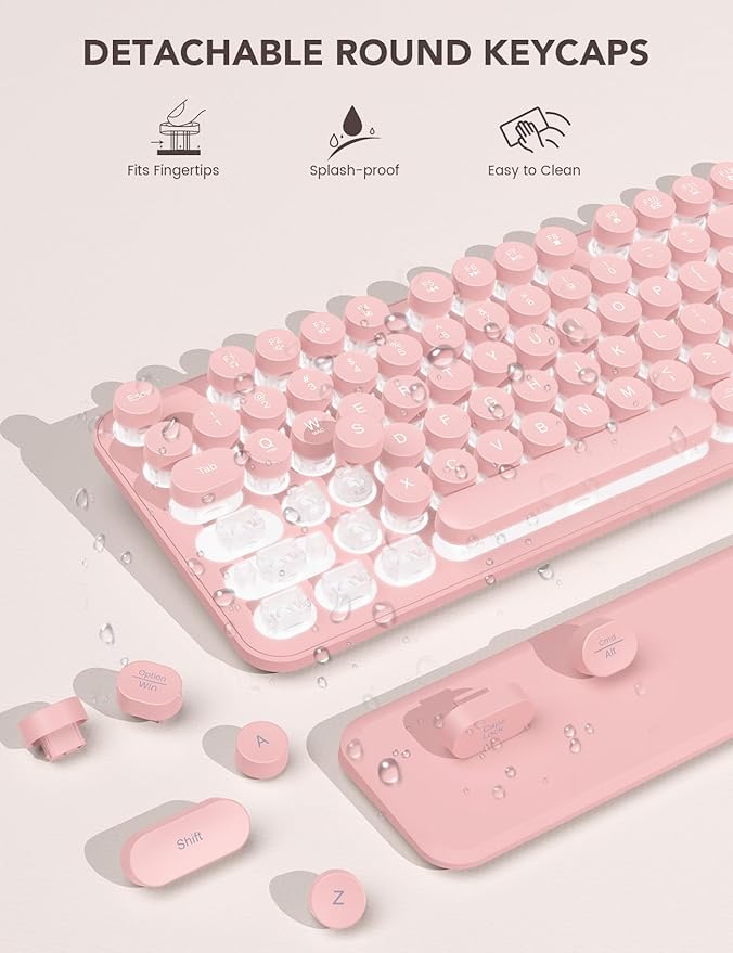 Wireless Keyboard and Mouse Backlit - Typewriter Keyboard with Retro Round Keycaps, Detachable Wrist Rest, Light Up Letters, 2.4G Rechargeable Combo for Mac, Windows, PC, Laptop, Trueque (Pink)
