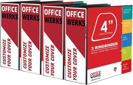 Performore 3 Ring Binder, Professional Angle D 4 Inch, Presentation Folder for Standard Pages 8.5 x 11 with Pockets, Crystal Clear View Black Binder (4 Pack) - Ideal for Office Supplies