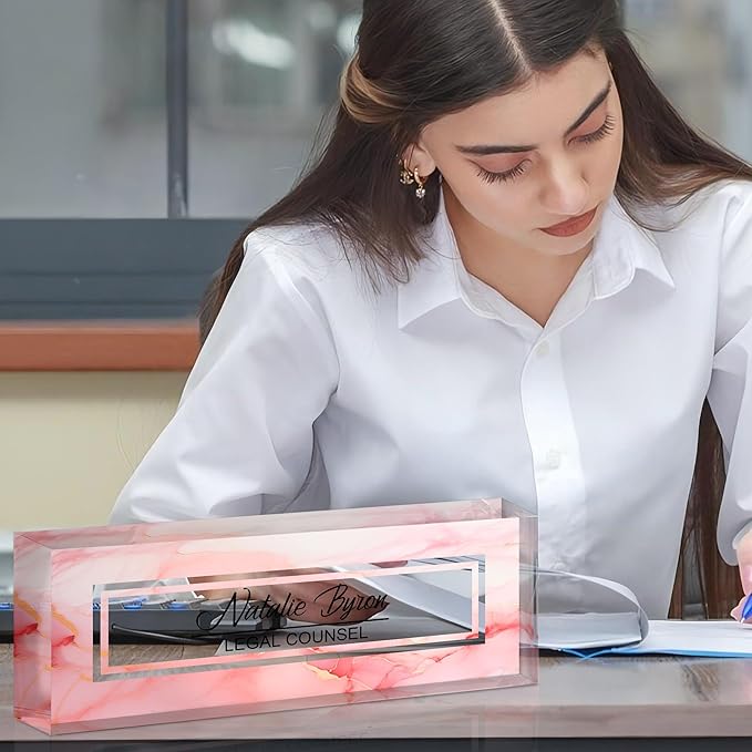 Ship Next Day Personalized Name Plate for Desk, Custom Acrylic Desk Name Sign, Office Appreciation Gifts for Women Men Coworkers Boss Teacher Employee (Pink Marble)