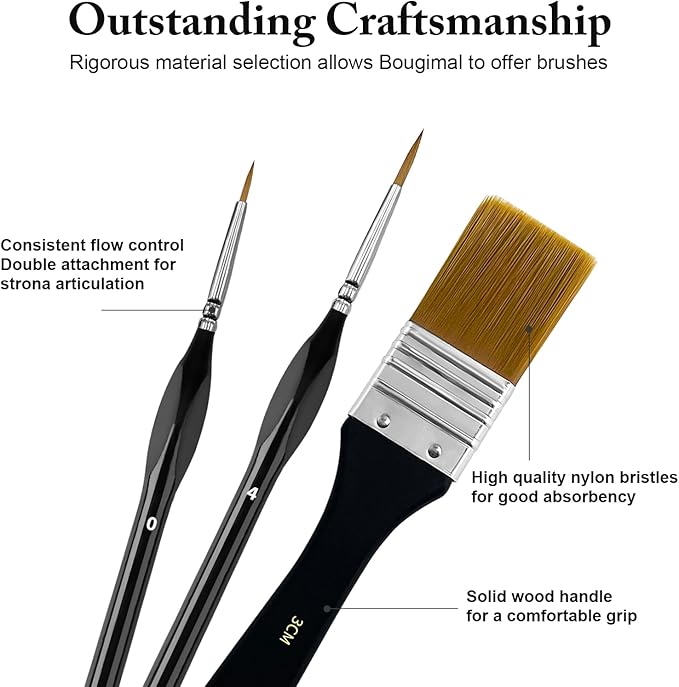 Bougimal 32 Pcs Paint Brushes for Acrylic Painting, Premium Nylon Bristles with Round, Filbert, Flat, Fan, Angle, Fine Detail Brush, Paint Brush Set for Acrylic, Oil, Watercolor