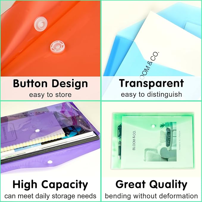 NACHLYNN 18 Pack Plastic Envelopes Poly Envelopes with Snap Closure A4 Size Clear Document File Folders Organizers Assorted Color File for School Office Supplies