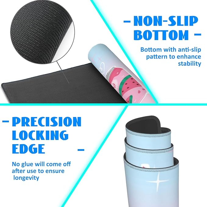 Desk Mat, Kawaii Fruit Flavors Sparkling Soda Drink Extended Gaming Mouse Pad Large, 31.5"x11.8" Big Mouse Pad with Non-Slip Base and Stitched Edge, Long Computer Keyboard Mouse Mat for Home Office