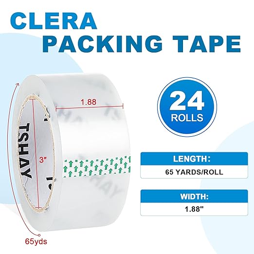 TSHAY Packing Tape, 24 Pack Heavy Duty Shipping and Moving Packing Tape, Clear, Packing and Moving Supplies, 1.88 inch Wide, 65 Yards Per Roll, Total 1560 Yards