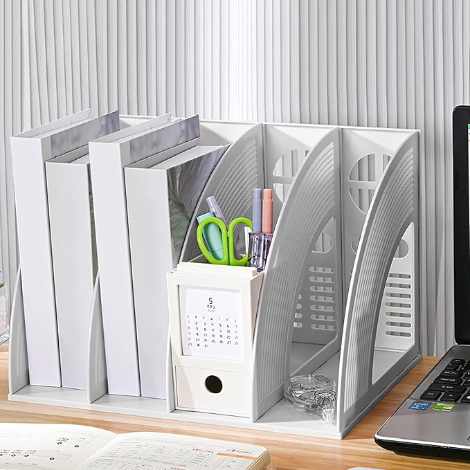 SAYEEC File Holder Storage Folder 4 Compartment Standing Desktop Hollow Organizer Files Shelf Plastic Notebook Magazine for Office School Home Supplier Students (Random Light Gray OR Blue)