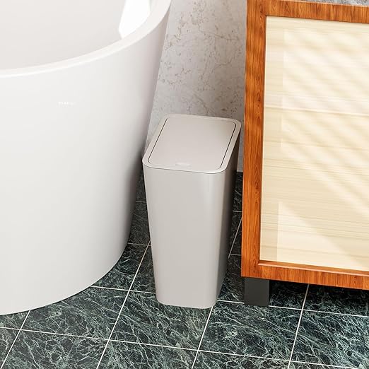 12L Covered Bathroom Trash Can,Office Trash Cans for Near Desk,Slim Bedroom Cute Small Trash Can,3.17 Gallon Plastic Pet/Dog Proof Bathroom Garbage Can,Thin Waste Basket for Room,Kitchen Trashcan,Gray