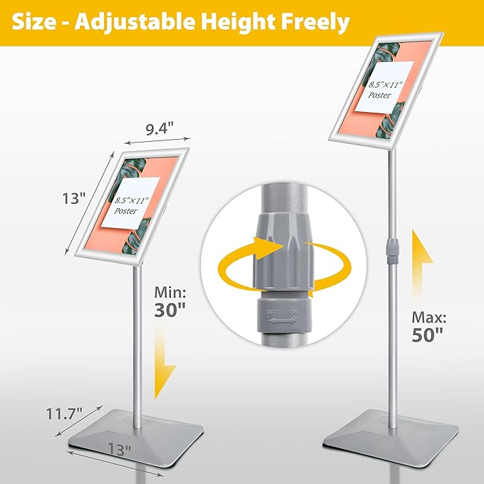 8.5"x11" Pedestal Poster Sign Stand with Heavy Duty Base, Adjustable Sign Holder Standing Floor Sign Stand for Office,Store,School,Church,Public Sign Displayed Stands, Silver