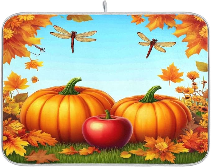 Autumn Thanksgiving Day Pumpkins Maple Dish Drying Mat for Kitchen Counter 16 x 18 Inch Flowers Dragonfly Leaves Dry Dishes Pads Mats Absorbent Countertops Counter Tableware Mat Protector Home Decor