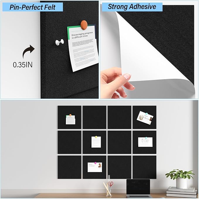 Large Cork Boards for Walls – 48 x 36 Self Adhesive Felt Wall Tiles, Ideal for Office Black Bulletin Board, Easy to Install Pin Board Photo Board