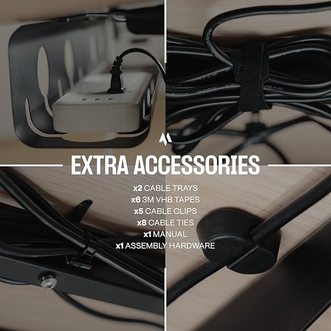 No-Drill Under Desk Cable Management Tray - 2-Pack Wire & Cord Organizer - Standing Desk Cable Management - Power Strip Holder - M