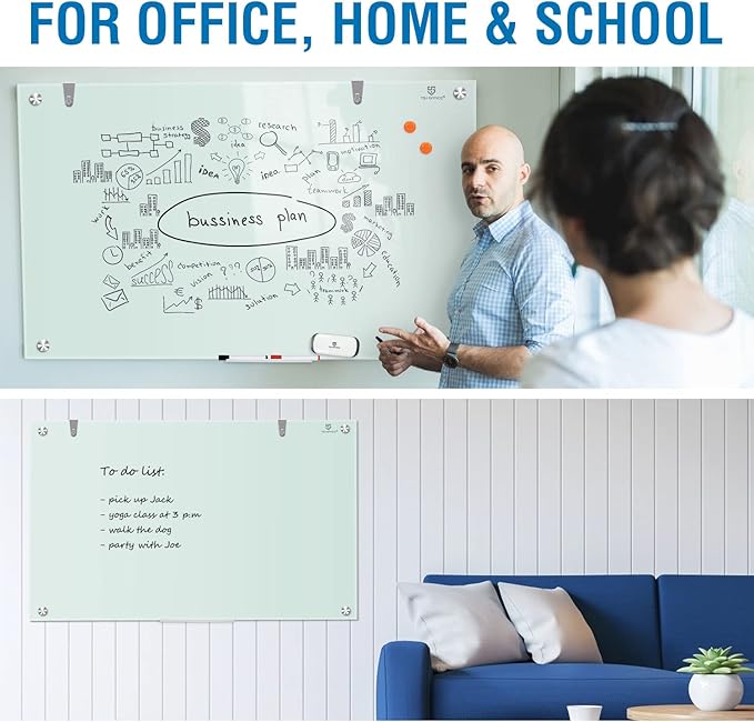 TSJ OFFICE Glass Dry-Erase Board - 48 x 32 Inches Wall Mounted Glass Magnetic Whiteboard, Large Frameless White Board for Office, Home & School