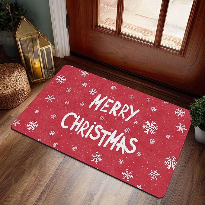 Christmas Door Mat for Indoor Outdoor Merry Christmas Snowflakes Welcome Mat Home Decor Non-Slip Rug Perfect for Front Door and Entryway Easy Clean, 16" x 24" Inch