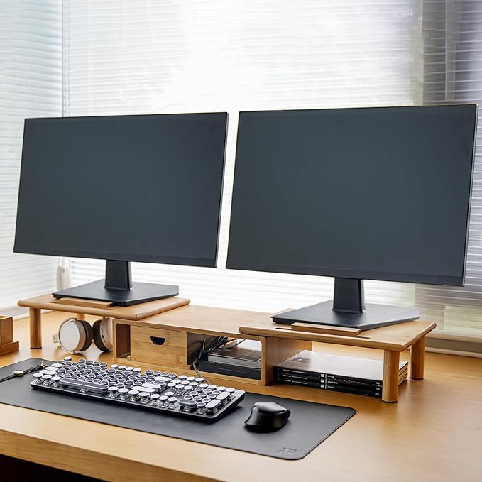 Dual Monitor Stand Riser with Drawer for Desk Laptop Desk Shelf with Adjustable Length and Angle, Bamboo Computer Stand Riser for 2 or 3 Monitors Screen Laptop PC TV -Natural