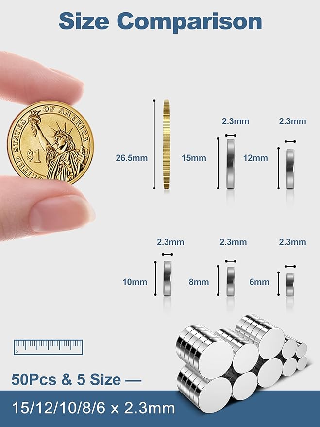 SMARTAKE 50 Pcs Rare Earth Magnets, 5-Size Small Round Fridge Magnets, Multi-Use Premium Office Magnet for Fridge, Office, Whiteboard, Crafts, DIY Hobbies, Kitchen, Science(Silver)