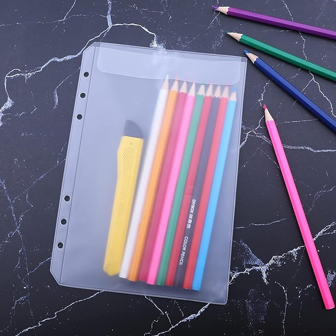 Binder Pockets, 16pcs A5 Size 6 Holes Binder Pockets, [Waterproof PVC Pouch] Premium Clear Binder Zipper Folders Document Filing Bags for 6-Ring Notebook Binder Loose Leaf Bags, Clear