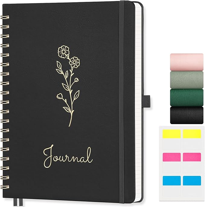 EMSHOI B5 Bullet Dotted Journal Notebook - 140 Pages 100GSM Dot Grid Paper, Vegan Leather Floral Cover with Spiral Binding for Bullet Journaling, Bible Study, Work & School - Includes Ruler -Black