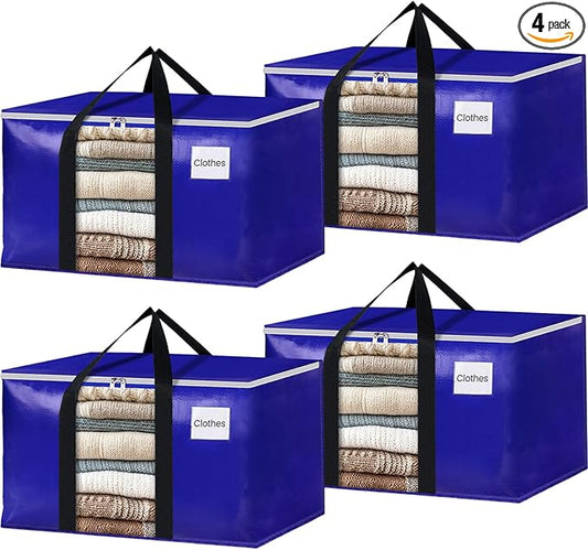 BlissTotes 4 Pack Moving Bags with Clear Window, Storage Bags with Strong Carrying Handles & Zippers,Large Packing Bags for Saving Space, Alternative to Moving Boxes(Blue,20 Gallon)