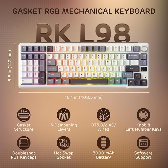 RK ROYAL KLUDGE L98 Wireless Mechanical Keyboard w/Left-Handed Southpaw Design Numpad & Hot Swappable Knob, Tri-Mode 95% Keyboard BT/2.4G/USB-C, Pro Software, Gasket Mount, Massive 8000mAh Battery