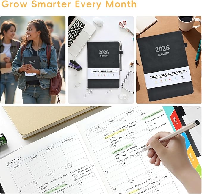 2026 Planner, A5 (5.6"x 8.5") Planner 2026 Jan-Dec, Monthly/Weekly/Daily Tabs with Contacts & Holidays, PU Leather Cover & 100gsm Paper, Organizer for School and Business Supplies (Black)