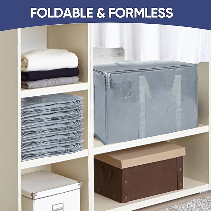 TICONN 4 Pack Extra Large Moving Bags with Zippers & Carrying Handles, Heavy-Duty Storage Tote Moving Boxes for Space Saving (4 Pack, Light Grey)