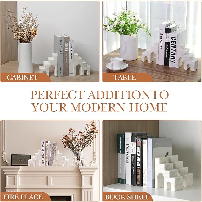 Natural Marble Book Ends for Shelves, Decorative Bookends for Heavy Books, CastleGuard Bookend Book Holder Stopper for Home Office Desk Bookshelf Decoration, Set of 2 (Oriental Calacatta)