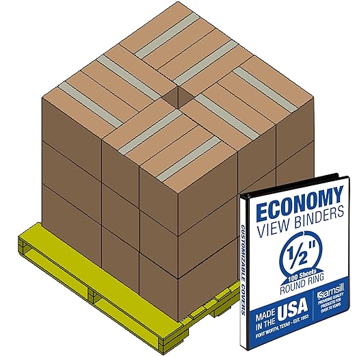 Samsill Economy 0.5 Inch 3 Ring Binder Bulk Pallet, Made in The USA, Round Ring Binder, Customizable Clear View Cover, Black, Pallet of 768 Binders in 32 Cartons