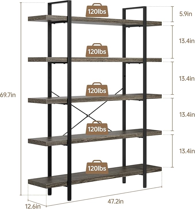Heavy Duty 5-Tier Industrial Bookcase, 47" Wide Wood Bookshelf for Home Office, 120lbs Shelf Capacity, Rustic Shelving Display with Reinforced Horizontal Shelf for Living Room Bedroom,Grey