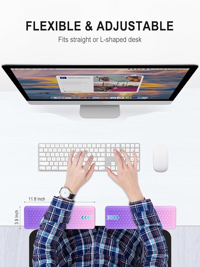 Hsurbtra L-Shaped Desk Elbow Pad, 2-Piece Soft Memory Foam Elbow Support Padding with Non-Slip Rubber Base, Ergonomic Desk Edge Cushion Wrist Rest for Office, Home, Work, Gaming, Purple Pink