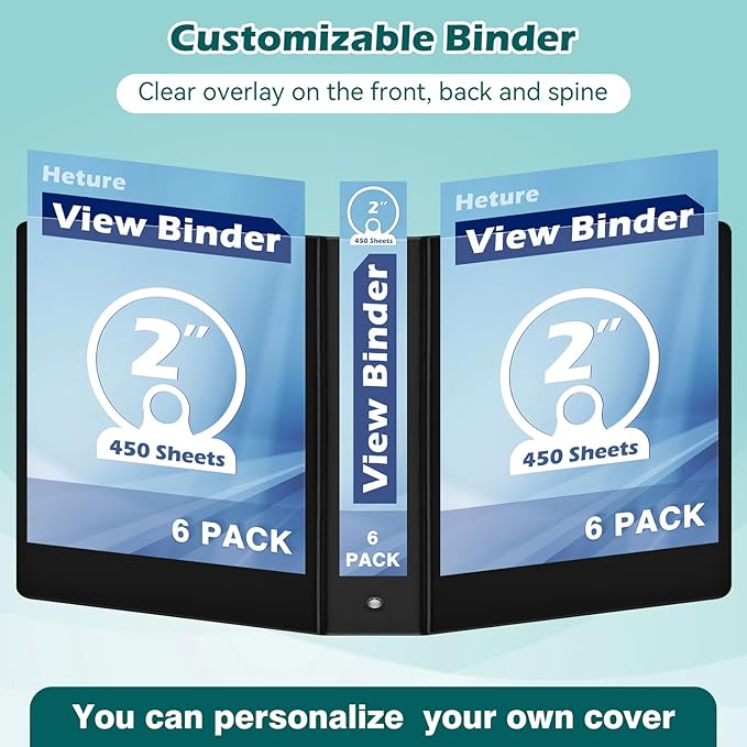 3 Ring Binder 2 Inch 6 Pack,2" Clear View with Round Rings, PVC-Free,Holds for 450 Sheets 8.5X 11 US Letter Size Paper, Durable Black Binders Perfect for Office,School and Home