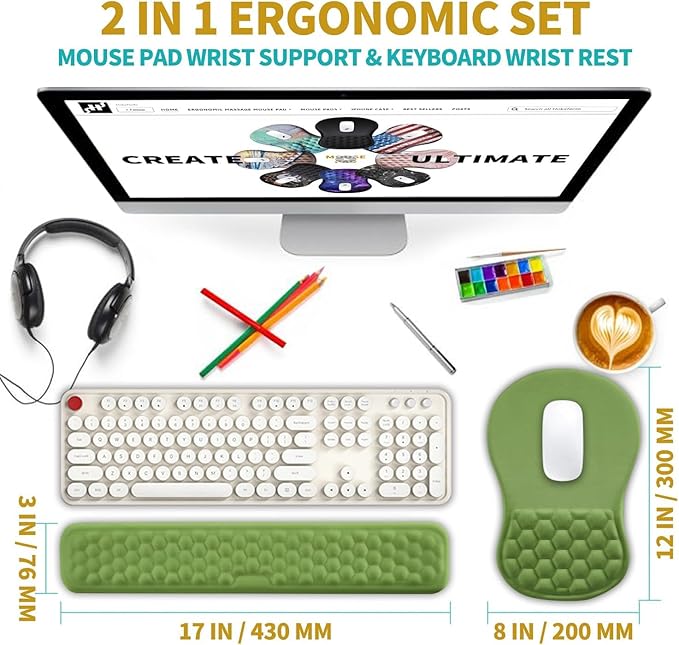 Hokafenle 2 in 1 Ergonomic Mouse Pad Wrist Support & Wrist Rest for Computer Keyboard Set, with Relieve Carpal Tunnel Pain Massage Bulge and Full Memory Gel Design (2In1 Set, Grass Green)