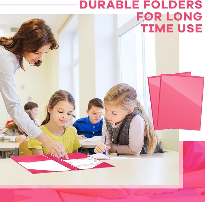 Henoyso 72 Pcs Plastic Folder with Clear Front Pocket and 3 Prong Plastic Folders with Card Slot Pocket Folders with Prongs for School Office (Rose Pink)