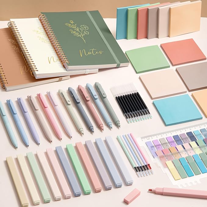 58PCS Aesthetic School Supplies, Cute College Ruled A5 Spiral Notebook Stationary Set Back to School Supplies Bible Study Kit Office College Essentials with Pastel Highlighters for Women Student Girls
