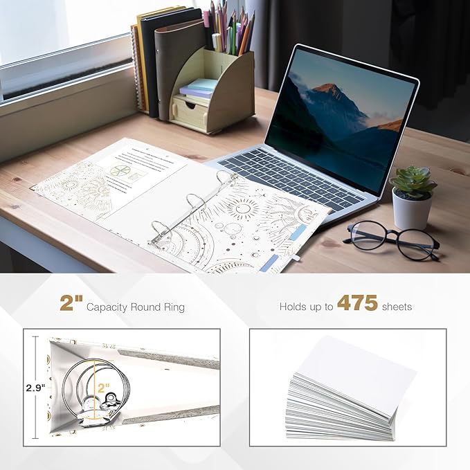 Ospelelf 3 Ring Binder, 2 Inch Letter Size (11" x 8.5") with 5 Tab Dividers, File Folder Labels and Low Profile Clipboards, Tarot Cards Binder for School and Office Supplies