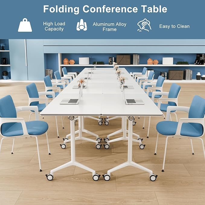 6Pack Folding Conference Room Table, Modern Conference Tables with Silent Wheels, Large Rectangular Mobile Training Tables for Office Classroom, Foldable Modular Seminar Table White (L70.9in)