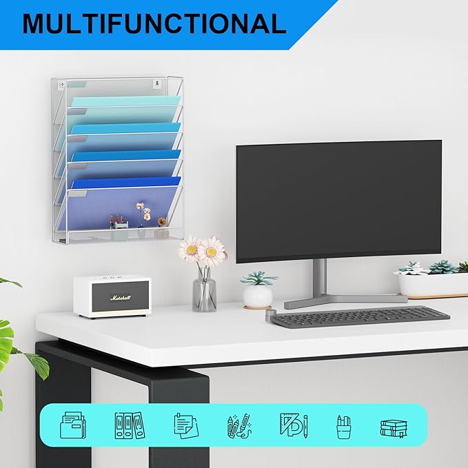 Wall File Organizer Holder Mesh Hanging Paper Document Holder, Vertical 6 Pocket Tier for Office Home, Silver