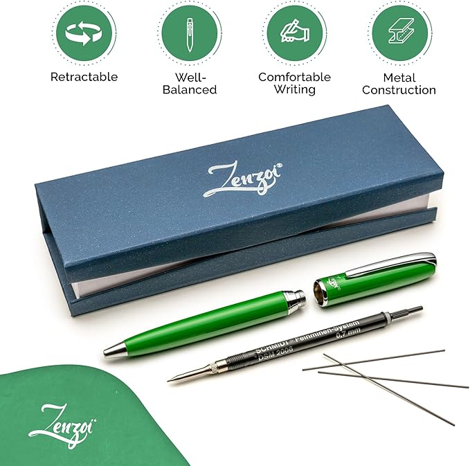 ZenZoi Green Mechanical Pencil w/Schmidt 0.7 mm Twist Lead System. Elegant Full Metal Pencil for Sketching, Drawing, Drafting, Writing & Note Taking. Luxury Gift Box for Men or Women
