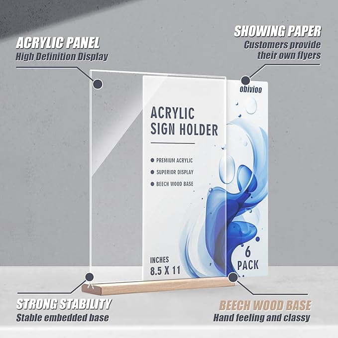 Acrylic Sign Holder 8.5x11 with Wood Base, Clear T shape Table Display Stands for Office, House, Store, Restaurants, and Event use, Double side Flyer Holder for Ads,Menu,Picture,Memory(6 packs)