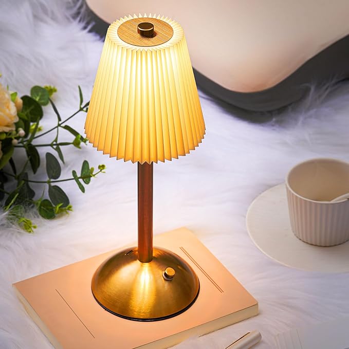 Liliful 2 Pcs LED Portable Cordless Table Lamp Touch Battery Operated Rechargeable Gold Desk Lamp 3 Color Dimmable for Bedroom Living Room Dining (Gold,Beige Cloth Style)