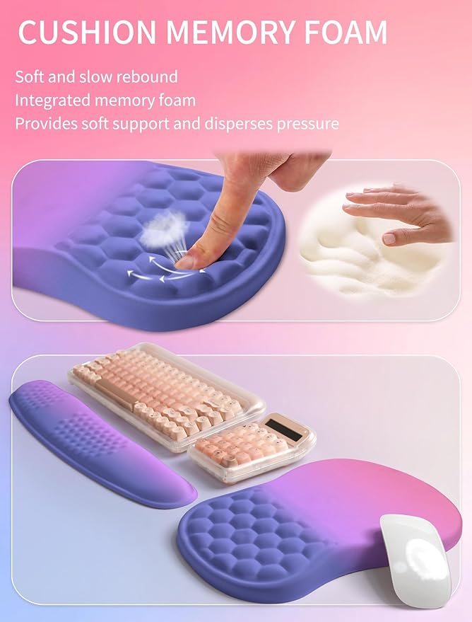 Hokafenle 2in1 Combination, Wave Keyboard Wrist Rest and Ergonomic Curvature Mouse Pad Wrist Support for Relieve Wrist Pain, Filled with Soft Cushion Memory Foam, Gradient Blue Purple