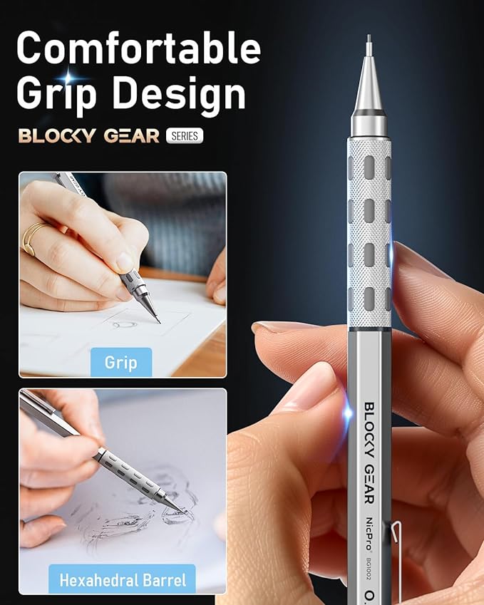Nicpro Blocky Gear 0.5 mm Mechanical Pencil Set in Case, Metal Pencil with Lead Refills, Eraser for Professional & Adult Art Writing Drafting Drawing