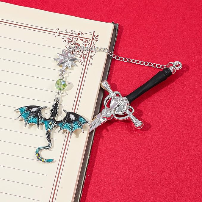 Fantasy Dragon Leather Corner Bookmark, Elegant Metal Dragon Charms Leather Page Saver, Chic Book Accessory for Bookworms, Great Gift for Dragon & Book Lovers (Dragon Sword A)