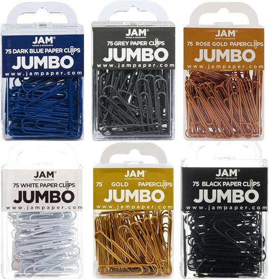 JAM PAPER Colorful Jumbo Paper Clips - Large 2 Inch Paperclips - Business Assortment - 6 Packs of 75