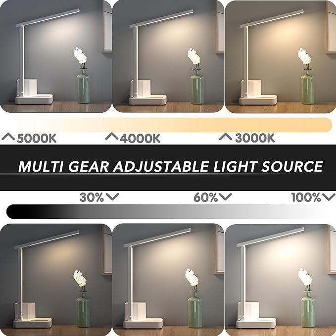 COZOO LED Desk Lamp with 2 USB Charging Ports,Type C Port,1 AC Outlet,2 Pen Holders,3 Color Temperature 3 Brightness Level,Touch/Memory/Timer,10W Eye Protection Foldable Reading Light,Study Lamp-White