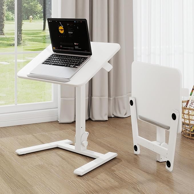PUNCIA Adjustable Height Small Standing Desk Foldable Laptop Table with Stoppers - 90° Tiltable Rolling Computer Cart Portable Workstation Mobile Desk for Home Office Small Space Bedroom Dorm Study