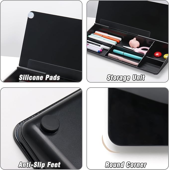 SELEAD Desktop Glass Whiteboard with Organizer, Markers, Eraser - Dry Erase Board Computer Pad Keyboard Stand with Drawer and Holder for Home, School, Office - Black