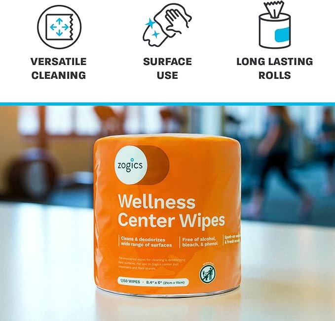 Zogics Wellness Center Cleaning Wipes – Gym Wipes for Cleaning Surfaces and Equipment, Durable and Safe Pre-Saturated Wet Wipes (2,300 Count, 2 Rolls of 1,150 Wipes)